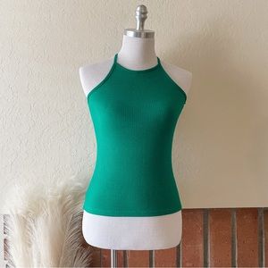 Green Ribbed High Neck Tank Top